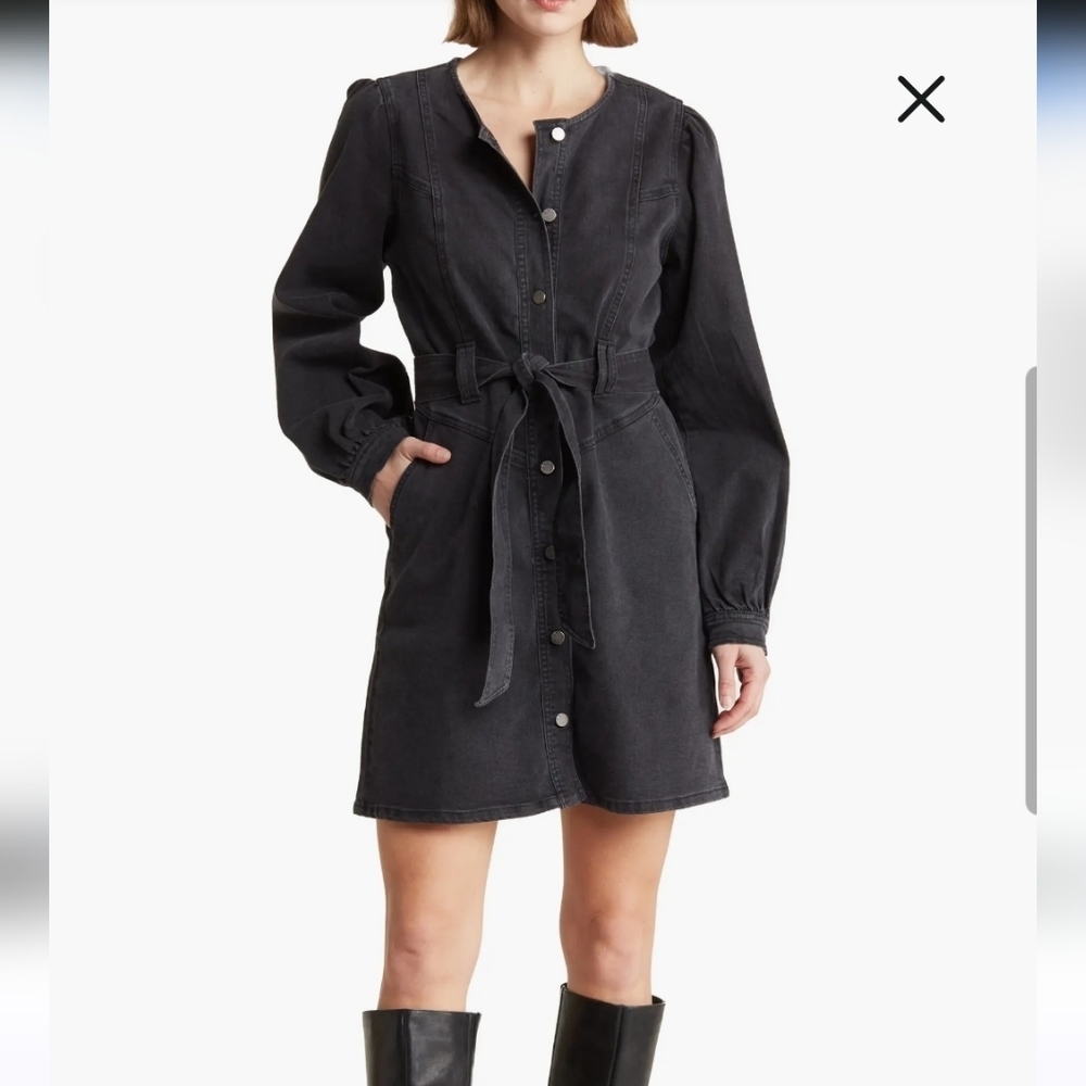 Nwt Habitual Washed Black Long Sleeves Belted Denim Dress With Front Poc…